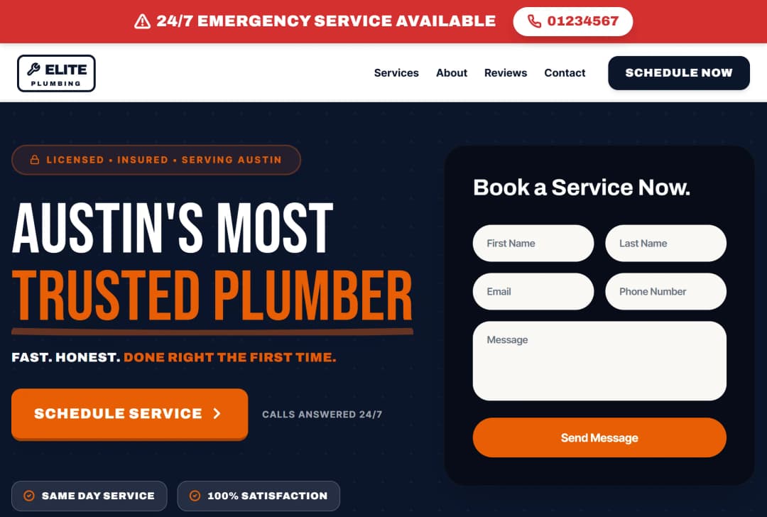 Website design for Elite Plumbing, an Austin plumbing company